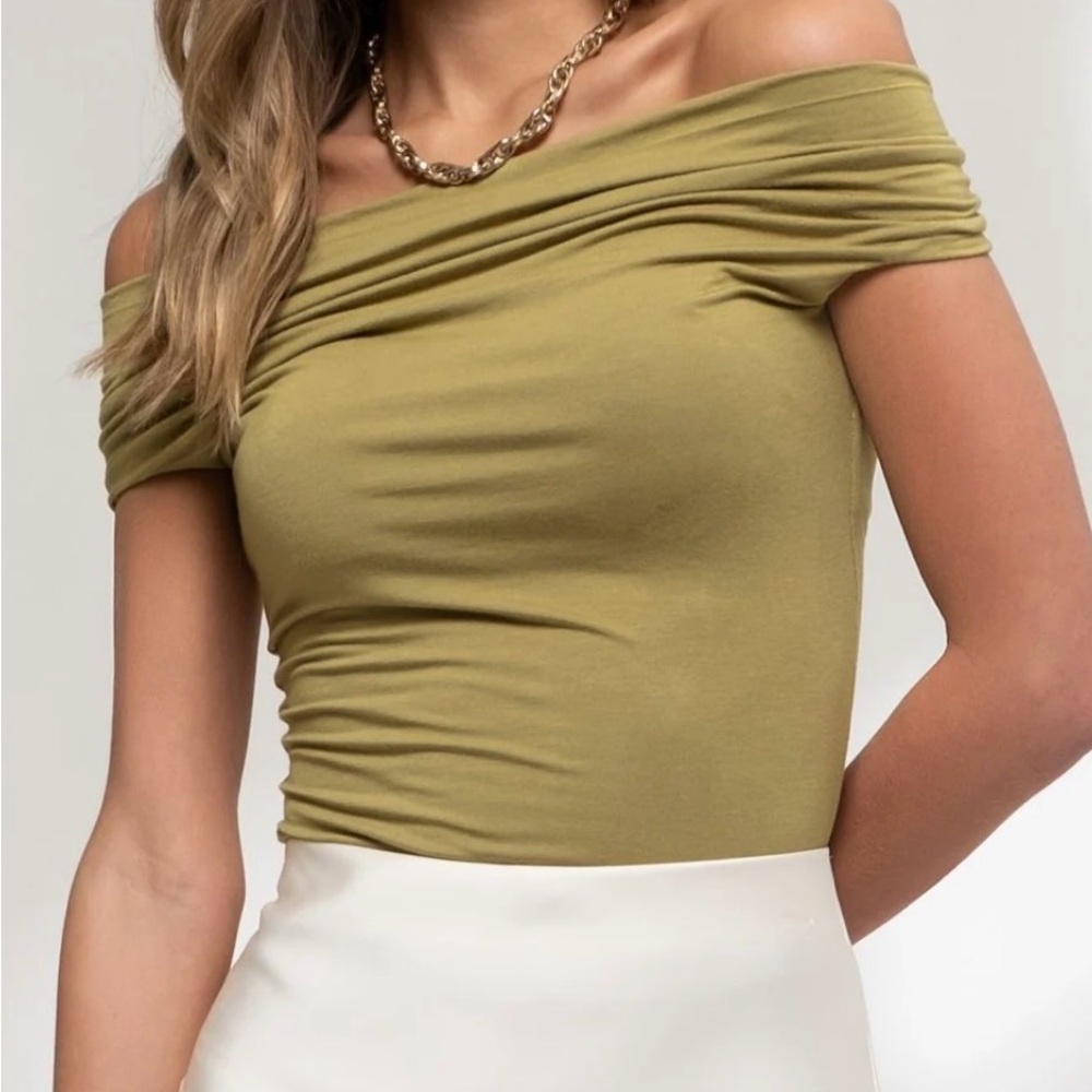 The Workshop Elegant Olive Off-Shoulder Top